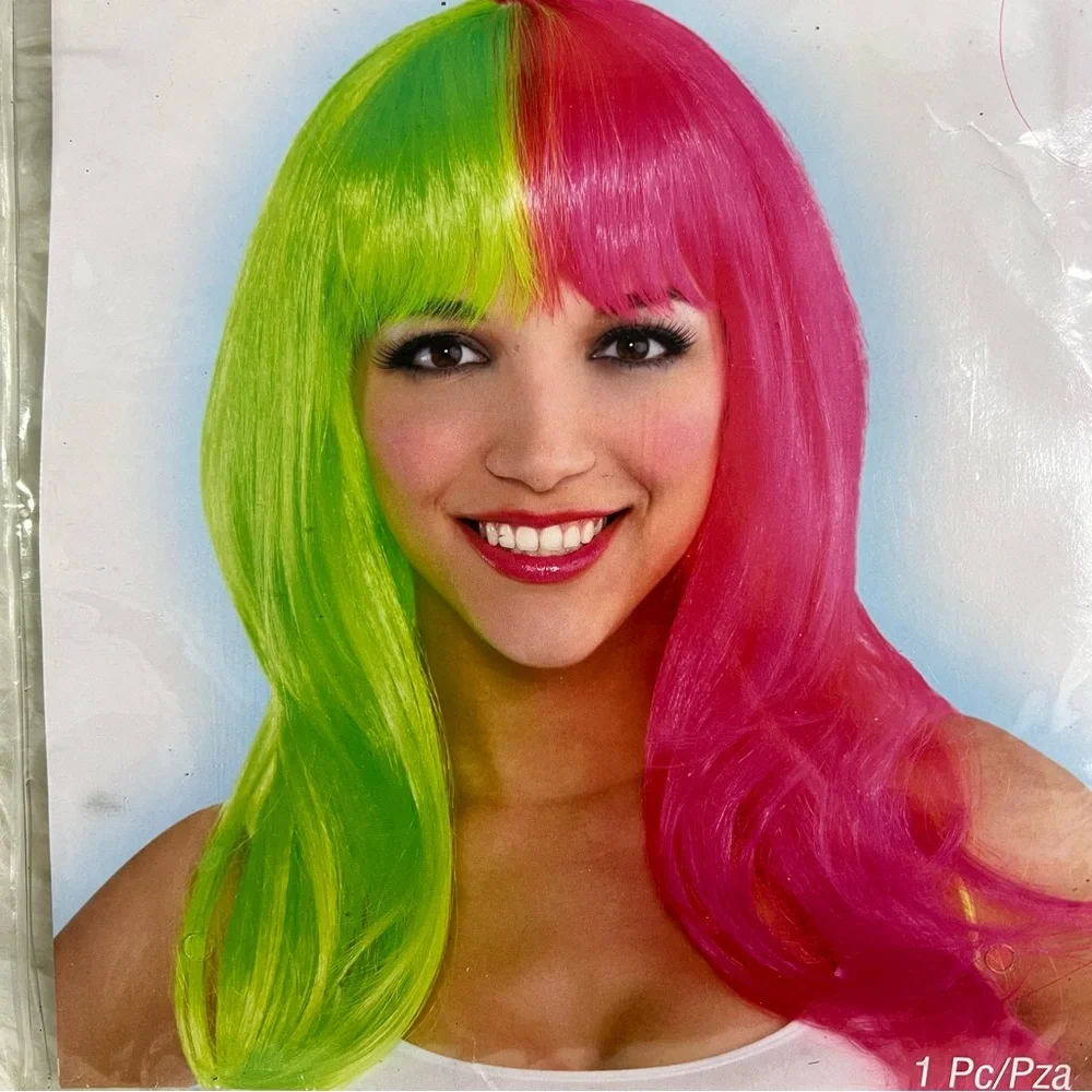 Glam Neon pink and green Wig Black Light Reactive Colors NEW costume Halloween
